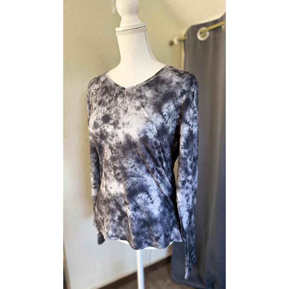 RBX Womens Tie Dye Long Sleeve Activewear Top V-Neck Thumbhole Grey Black Size M